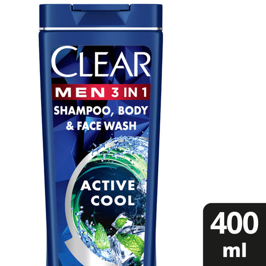 Clear Men 3in1 Shampoo, Body + Face Wash Active Cool Clears Dandruff; Cleanses & Moisturizes face and body, 400ml