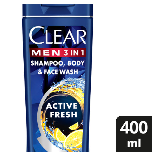 Clear Men 3in1 Shampoo, Body + Face Wash, Active Fresh Clears Dandruff; Cleanses & Moisturizes face and body, 400ml